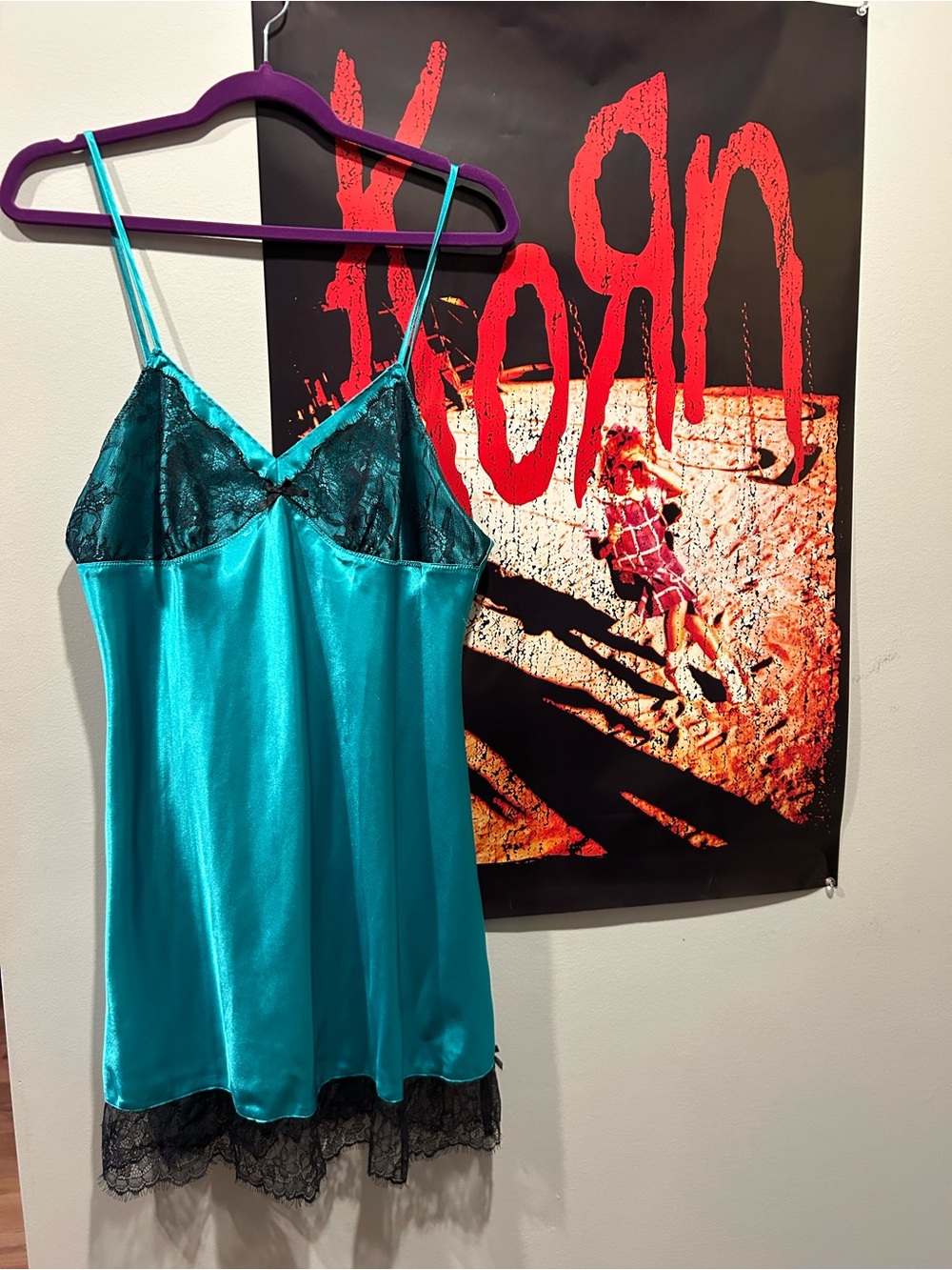 Ambrielle Teal Satin Slip with Black Lace Trim